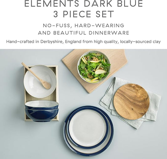 Denby - Elements Dark Blue 3 Piece Set For 1 - Contemporary One Person Ceramic Tableware - Dishwasher & Microwave Safe, Scratch Resistant Stoneware - Includes 1 x Large Plate, Side Plate & Cereal Bowl