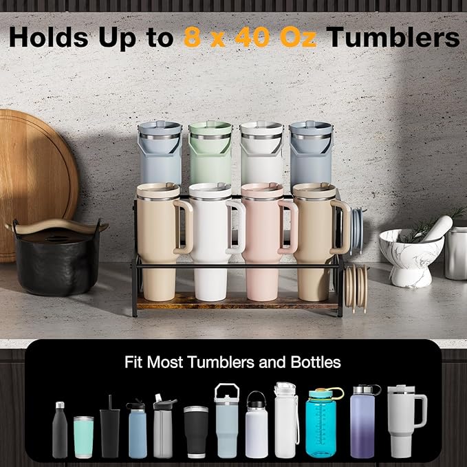 Water Bottle Organizer for Full Stanley and Others' Large Tumbler Organization, Pantry Kitchen Organizers and Storage for Cup Accessories, Tumbler and Cup Lid Organizer Wine Rack - 2 Tier Hold 8