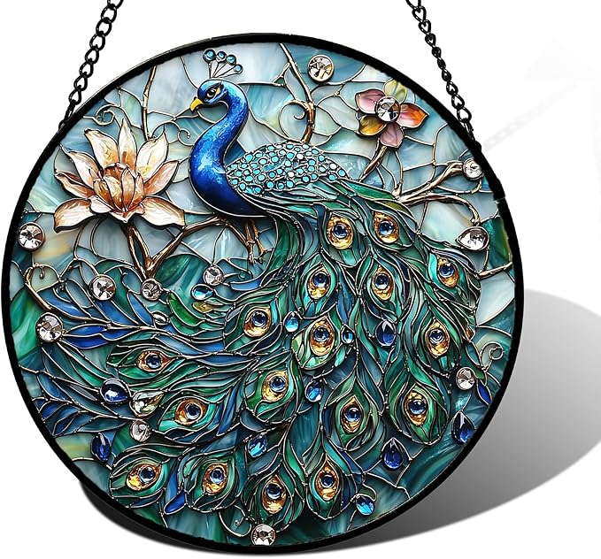 Stained Glass Window Hanging, Blue Peacock Decoration Suncatcher for Door Garden Home Flower Bird Sun Catchers Christmas Mother's Day Birthday Gifts for Women Men Mom Nana Friend 6.3 in
