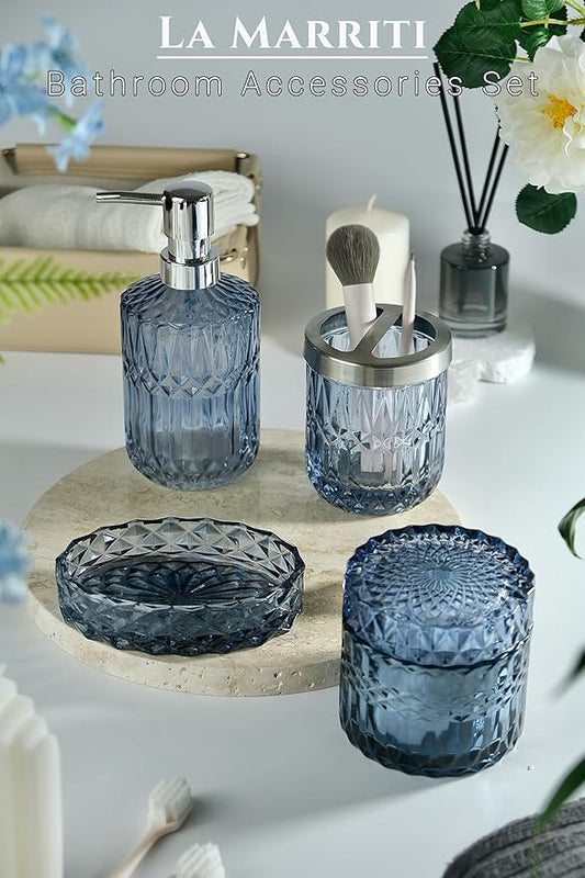 Blue Bathroom Accessories Set, 4Pcs Clear Glass Bathroom Accessories, Lotion Soap Dispenser Set, Toothbrush Holder, Qtips Holder, Soap Dish for Crystal Modern Bath Decor, Set