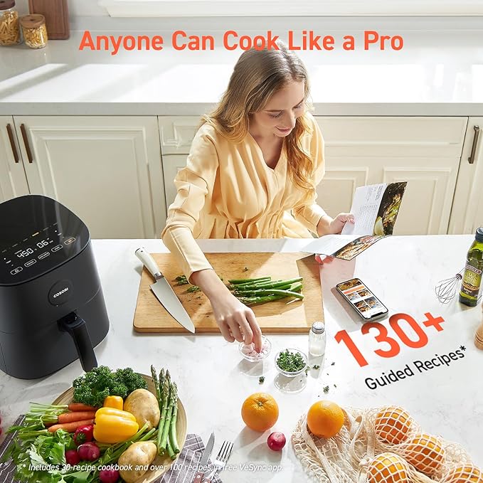 COSORI Air Fryer Pro 9-in-1, Compact 5QT, 450โ: Half Time & Chef-Grade Cook, One-Wipe Clean Glass Panel, 130+ In-App Recipes with Nutritional Info, Nonstick & Dishwasher-Safe Basket, Ceramic, Gray