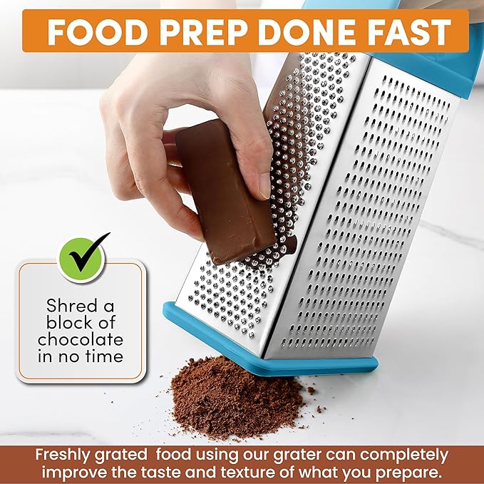 Spring Chef Professional 10" Stainless Steel Parmesan Cheese Grater with Handle, 4 Sided Handheld Box Grater, Kitchen Food Shredder for Potato, Cheese, Ginger, Veggie - Aqua Sky