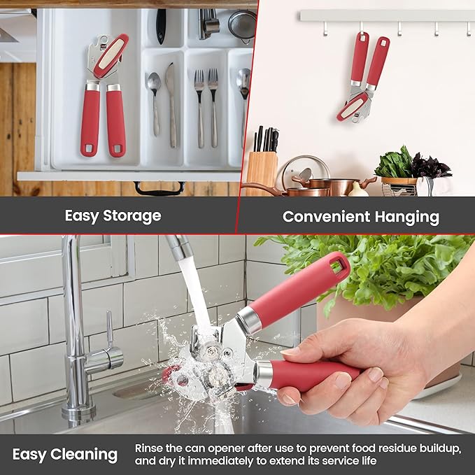 Manual Can Opener Smooth Edge with Magnet, Vayvnt Stainless Steel Handheld Strong Can Bottle Opener, Extra Shape Cutting Blade&Large Turn Knob, Multifunctional 4 In 1 Kitchen Tool for Seniors, Red