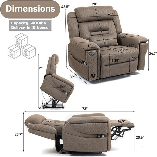 28in Extra Wide Big Man 400lbs Power Lift Recliner Chair for Senior Elderly Adults Lay Flat Lift Recliner with Heat & Massage, Wireless Charging, USB Ports, Cup Holder, Lumbar Pillow