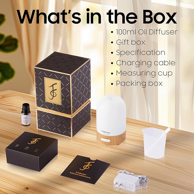 Essential Oil Diffuser Hand Blown Glass, 100ml Small Aromatherapy Diffuser, Auto Shut-Off Function, Ultrasonic Diffusers for Essential Oils, Cool Mist Humidifier with Warm White Lights(White)