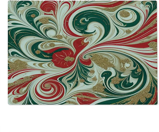 Ambesonne Christmas Cutting Board, Abstract Winter Feel Marble Print Art with Curling Lines Xmas Modern, Decorative Tempered Glass Cutting and Serving Board, Large Size, Dark Pink Green Ivory