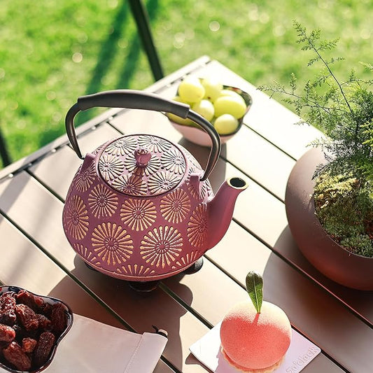Cast Iron Teapot, 40oz Tea Kettle with Infuser for Stove Top, Sakura Design Japanese Tea Pot for Loose Leaf Coated with Enameled Interior, Silicone Handle 1200ml Pink