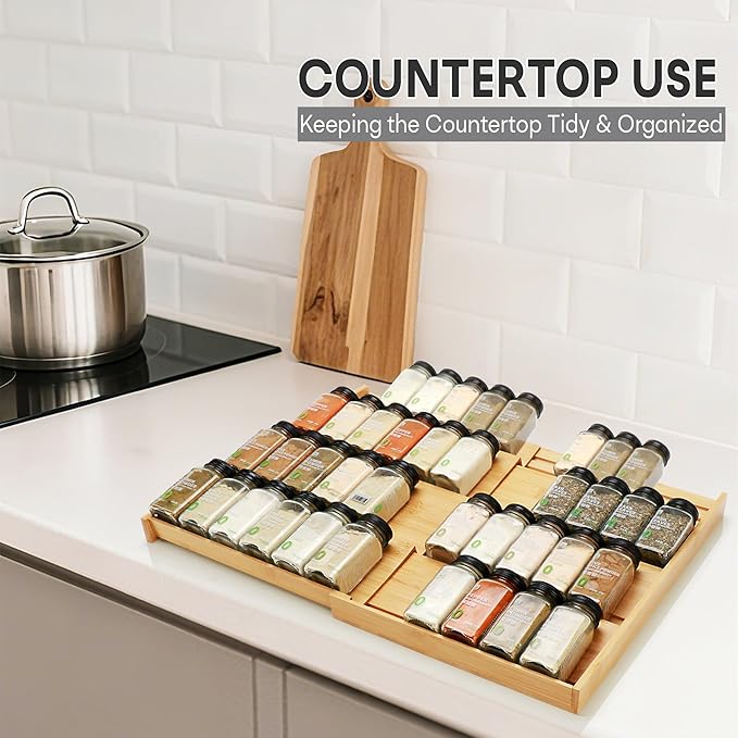 Bamboo Spice Drawer Organizer, (Need 3.1” Deep Drawer) Expandable 4 Tier Spice Rack for Cabinet (From 12" to 23" Wide), Seasoning Storage Insert, Spice Organizer for Drawer,Jars Not Included