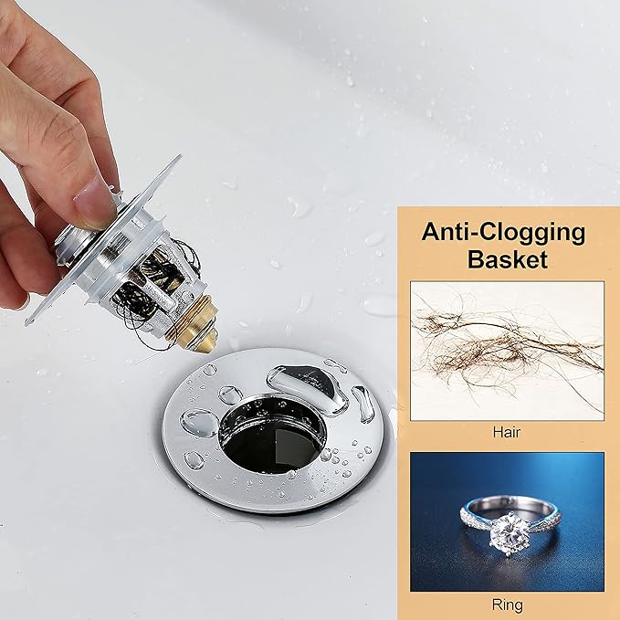 Bathroom Sink Stopper - for 1.25" Standard Drain Holes, Pop Up Sink Strainer, Bullet Core Push Type Stainless Steel Plug