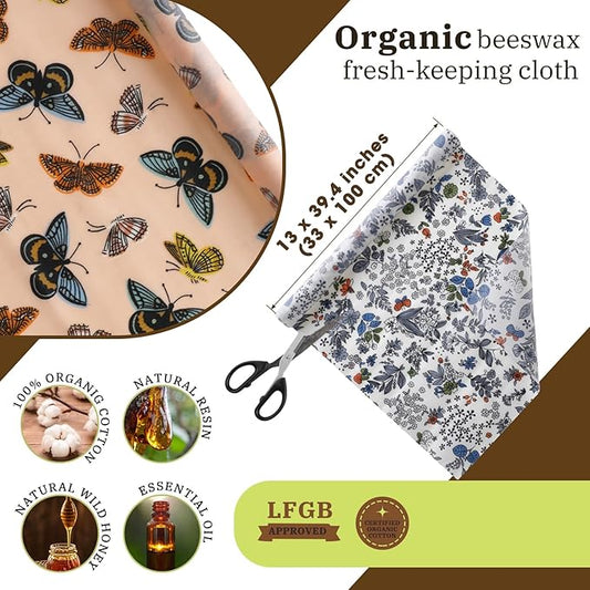 Moukeren 3 Rolls Beeswax Wraps for Food Assorted Organic Cotton Reusable Beeswax Food Wrap Sustainable Wax Paper Wrappers Plastic Silicone Free for Bread Cheese, 13 x 40 (Butterfly)