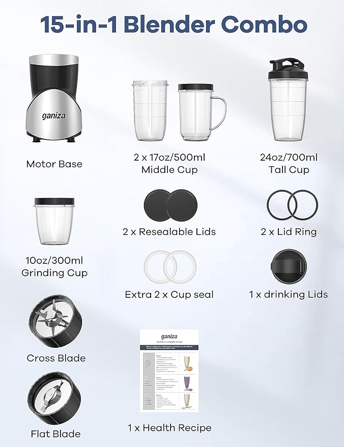 Ganiza Smoothie Blender, 900W Blenders for Shakes and Smoothies, 15-Piece Personal Blender and Grinder Combo for Kitchen, Smoothies Maker with 4 BPA-Free Portable Cup, Nutritious Recipe