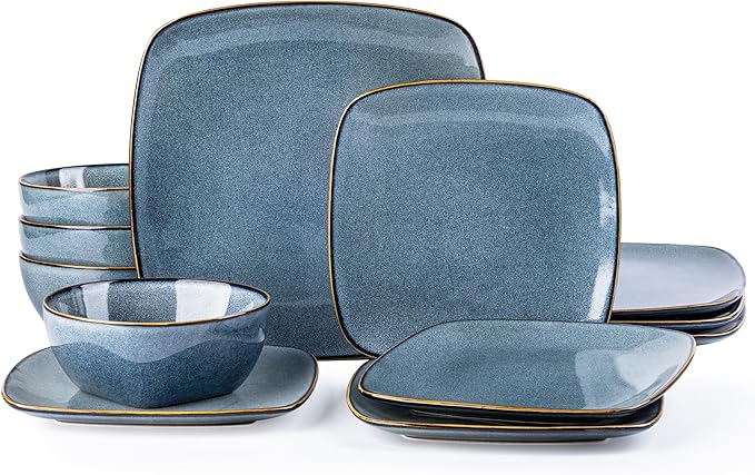 AmorArc Ceramic Dinnerware Sets for 4, 12 Pieces Square Handpainted Plates and Bowls Set, Chip and Scratch Resistant Stoneware Dishes Set, Dishwasher & Microwave Safe, Ocean Blue