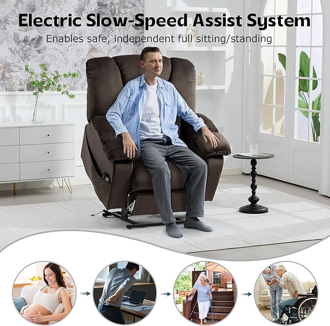 Big Man Recliner 500lbs Power Lift Recliner Chair for Big Tall Elderly Adults Oversized Lay Flat Lift Recliner with Extended Footrest,Heat Massage,Flip Arm Storage Cup Holders,USB Type C
