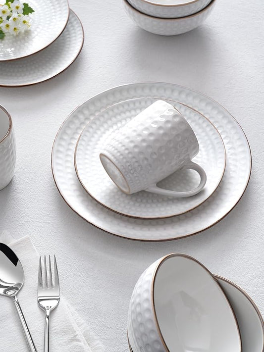 Famiware Eden Plates and Bowls Sets, Stoneware Dinnerware Sets with Gold Trim, 12 Pieces Dishes Set for 4 - Chip and Scratch Resistant, Microwave and Dishwasher Safe, White Circle
