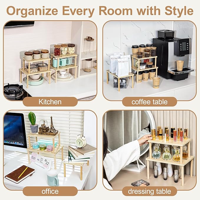 Wood Cabinet Organizer Shelf, Set of 4 Kitchen Counter Shelves, Stackable Spice Organization for Cabinet, Pantry Cupboard Dish Mug Cup Storage Shelf