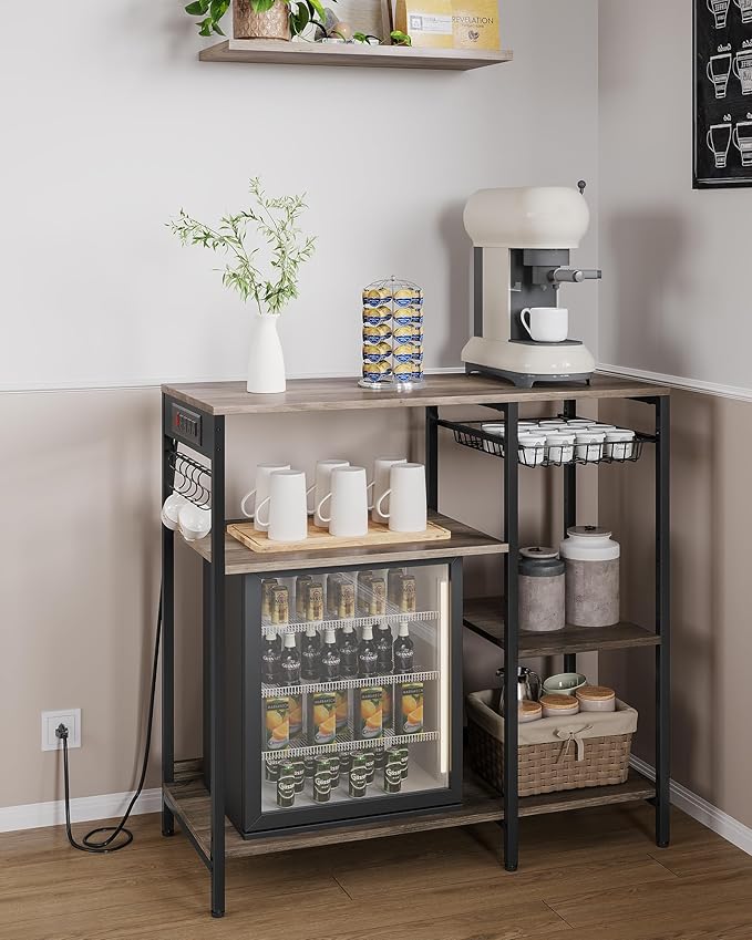 VASAGLE Baker's Rack, Coffee Bar Stand with Charging Station, 35.6 Inches Tall, Storage Shelves, Pull-Out Wire Basket, Table for Microwave, Kitchen, Heather Greige and Ink Black UKKS036K02