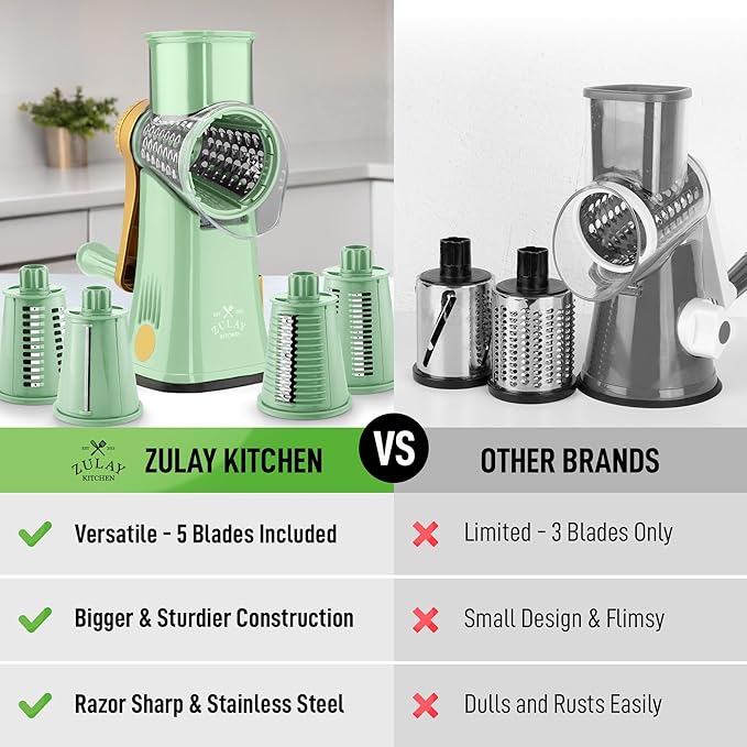 Zulay Kitchen Rotary Cheese Grater 5 Blade Cheese Shredder - Manual Hand Crank Cheese Grater With Reinforced Suction & 5 Interchangeable Drums - Easy to Use, Vegetable Chopper Round Mandoline Slicer