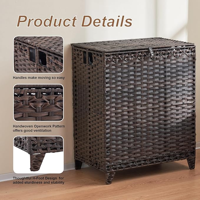 Laundry Hamper with Lid, 190L Large Laundry Basket 3 Section with 6 Removable Liner Bags & 3 Mesh Laundry Bags, Handwoven Rattan Clothes Hamper with Heightened Feet, No Install Needed, Brown