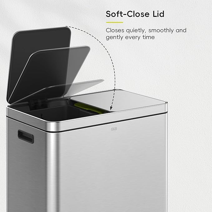EKO Edison Dual Trash Can for Recycling and Trash, 8+8 Gallons Kitchen Garbage Can with Dual Removable Inner Liners, Independent Lids and Pedals, Matte Stainless Steel