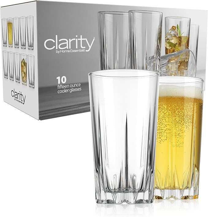 Glaver's Highball Glass Cups. Set of 10 Elegant Diamond Cut Drinking Glasses. Classic 15 oz Bar Glasses. Tall Kitchen Glass for Water, Old Fashioned, Juice, Beer, Cocktails.