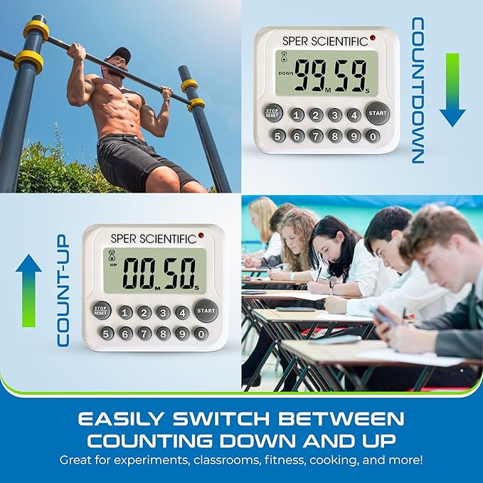 Sper Scientific Digital Count Up/Down Timer with Audible & Visual Alarm 810003 – Timer with Large Display, Loud Alarm & Up to 99 Minute Countdown - for Labs, Cooking, Workouts, Classroom & more - 2 pc