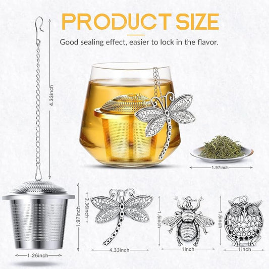 3 Sets Tea Infusers Steeper for Loose Leaf Tea Holder Stainless Steel Tea Ball Mesh Strainer Filters with Drip Trays and Pendant(Insects Style)