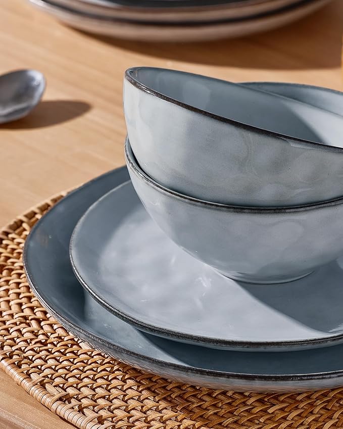 Famiware Ocean Round Plates and Bowls Set, 18 Pieces Dinnerware Sets, Dishes Set for 6, Reactive Glaze, Microwave and Dishwasher Safe, Scratch Resistant, Grey