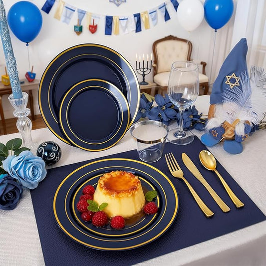 350PCS Navy Blue and Gold Plastic Plates with Rolled Napkins Include Dinner Plate 10’’, Dessert Plate 7’’, gold Cups 9 OZ, Pre Rolled Napkins 25 of each type for Hanukkah Wedding