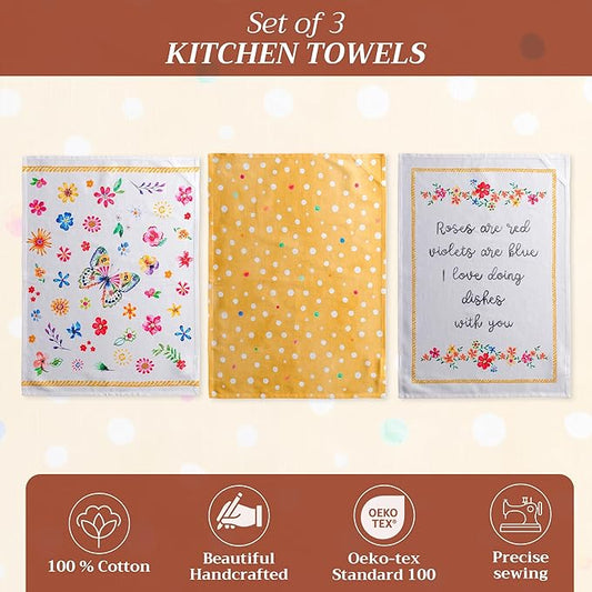 Maison d' Hermine Kitchen Towels Set of 3 100% Cotton 27.50" x 20" Reusable Cloth Tea Dish Towels Absorbent with Hanging Loop for Kitchen, Cocktail Parties Spring/Summer (Happy Florals - Sweety)