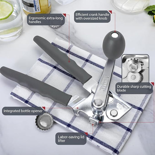 Commercial Can Opener, UHIYEE Hand Crank Can Opener Manual Heavy Duty with Comfortable Extra-long Handles, Oversized Knob, Large Handheld Can Open Easy for Big Cans, Gray