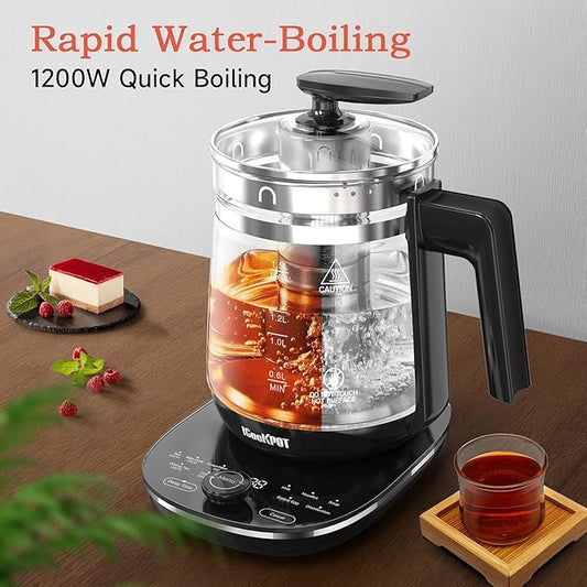 Hot Tea Maker Glass Electric Kettle with Infuser and Temperature Control,1.5L Stainless Steel 1200W Rapid Boiling,Programmable Control for your Favorite Teas and Coffee,Black
