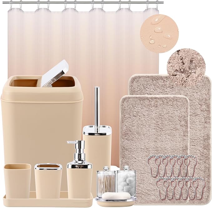Bathroom Accessory Set–Bathroom Sets with Shower Curtain and Rugs, No Slip Bathroom Rugs Super Absorbent, Beige Ombre Water-proof Shower Curtain with Hooks, Pink Bathroom Sets Complete for Home