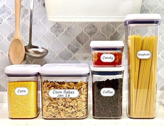 CHUBBIEE Removable Waterproof Food Labels, Write-on Kitchen Labels for POP Food Storage Containers, Jars and Home Organization, Pantry & Spice Sticker, Pack of 64