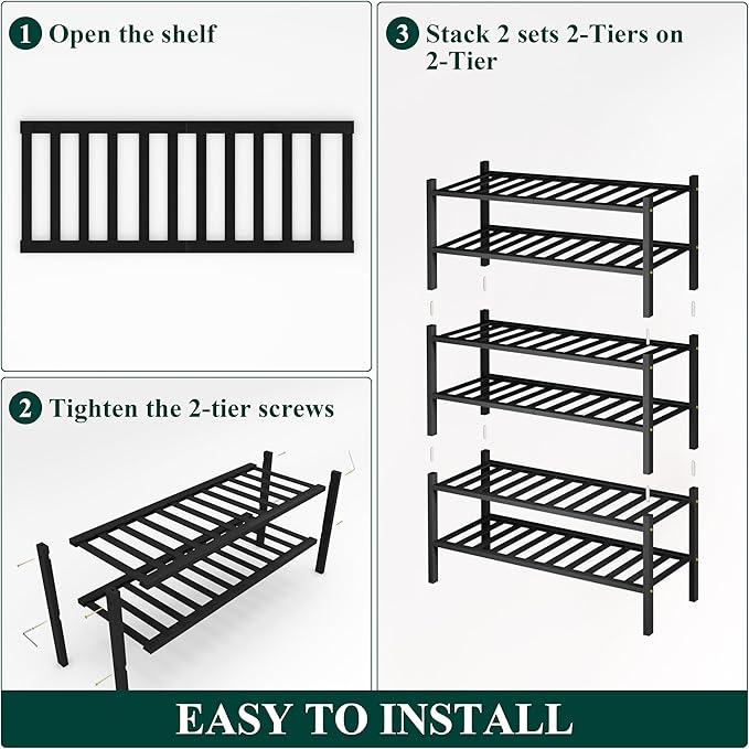 Smiry Shoe Rack, 6 Tier Bamboo Shoe Organizer, Stackable Free Standing Wooden Shoe Storage Shelf for Closet, Entryway, Front Door Entrance, Black