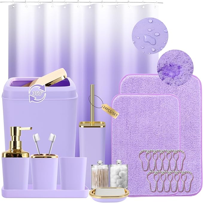 Bathroom Set - Purple Bathroom Sets with Shower Curtain and Rugs, 24PCS Shower Curtain Set with Hooks, Soap Dispenser, Soap Dish, Toilet Brush Holder and Trash Can for Housewarming