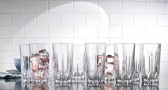 Glaver's Highball Glass Cups. Set of 10 Elegant Diamond Cut Drinking Glasses. Classic 15 oz Bar Glasses. Tall Kitchen Glass for Water, Old Fashioned, Juice, Beer, Cocktails.