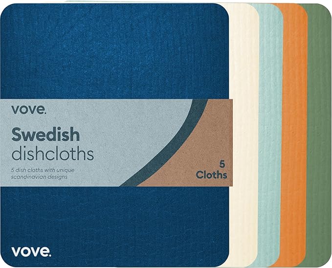 Vove Swedish Dishcloths 5-Pack, Coastal Calm - FSC Certified Cellulose & Cotton, Oeko-TEX Standard 100, Reusable Washable Kitchen Cleaning Cloths, Eco Friendly
