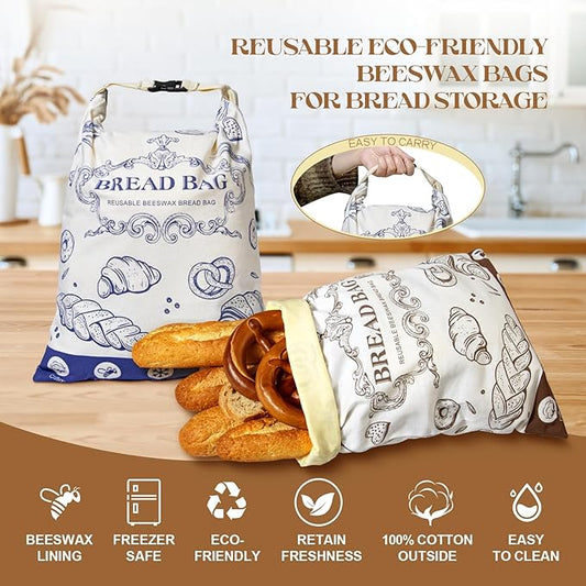 2 Pack Bread Bag for Homemade Bread,17βx12 Reusable Beewax Food Storage Bags with Beeswax Lining,Natural Cotton Storage Bag Sourdough Bread Bags,XL Beeswax Bread Bag for Fresh Bread Storage