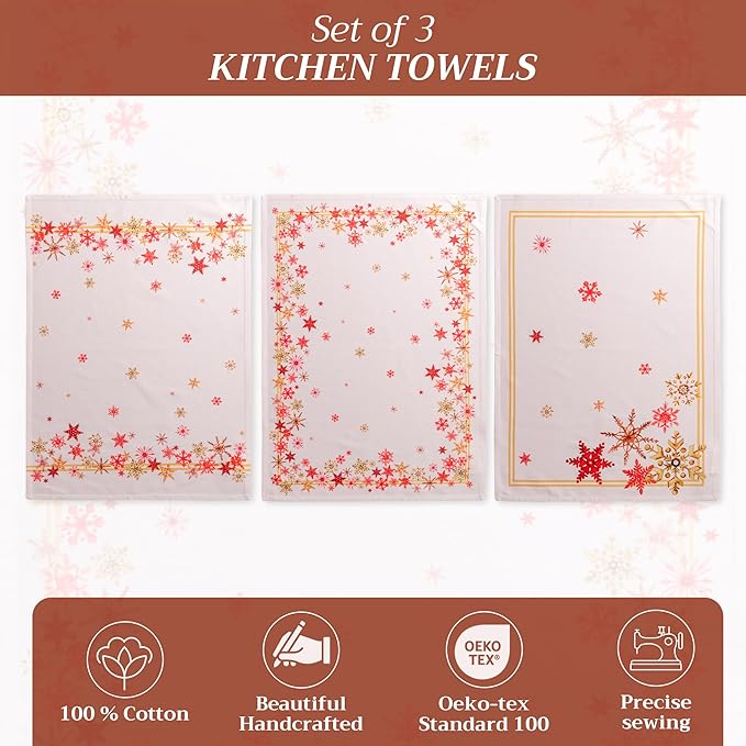 Maison d' Hermine Kitchen Towels Set of 3 100% Cotton 20" x 27.5" Reusable Cloth Tea Dish Towels Absorbent with Hanging Loop for Kitchen Dining Thanksgiving Christmas Decorations (Crystal Star)