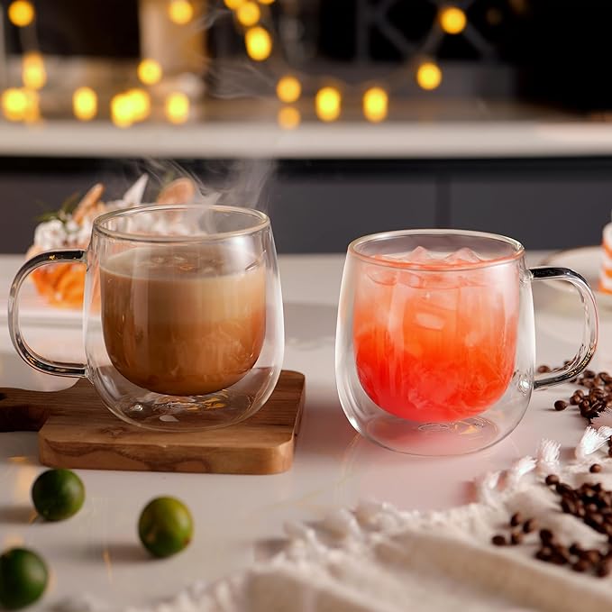 CNGLASS 16oz Double Walled Glass Coffee Mugs(2-pack),Large Clear Coffee Cups with Handle,Glass Espresso Mugs for Latte,Cappuccino,Tea