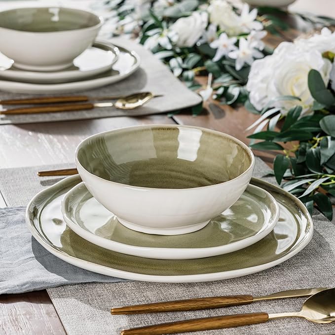 Leratio Ceramic Dinnerware Sets for 4,Porcelain Plates and Bowls Sets with Wavy Edge,Microwave & Dishwasher & Oven Safe,Light Weight & Scratch Resistant Dishes Sets-Service for 4 (12pcs)