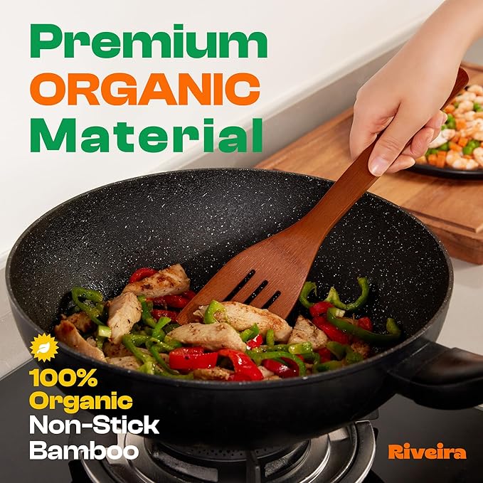 Riveira Premium Brown Bamboo Wooden Spoons for Cooking Set of 9 – Premium Brown Bamboo Wooden Cooking Utensils, Wooden Spatula, Wooden Spoon - Premium Quality Wooden Utensil Set for Non-Toxic Cooking