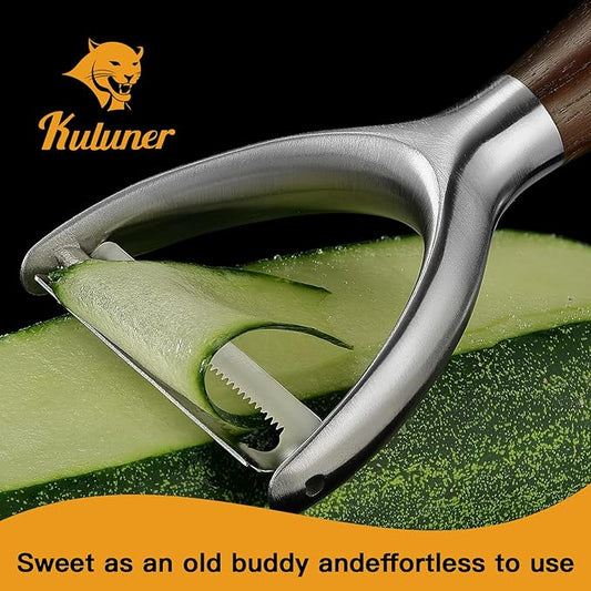 Serrated Blade Premium Y Type 304 Stainless Steel Multifunctional Kitchen Peeler Real Wood Handle Ultra Sharp Blade Vegetable Potato Apple(Carbonized Wood)