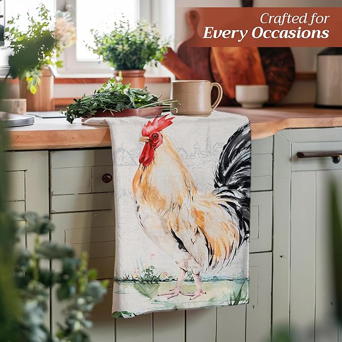 100% Cotton Kitchen Towel Campagne Maison d' Hermine Set of 2 Super Soft Highly Absorbent Hotel Quality Quick Drying Cleaning Dishcloth Tea Bar Towels Spring/Summer (Coq, 20"x27.50")