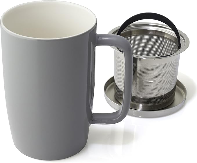 FORLIFE Dew Glossy Finish Brew-In-Mug with Basket Infuser & "Mirror" Stainless Lid 18 oz., Gray