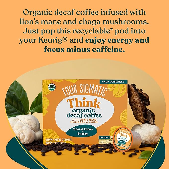 Four Sigmatic Decaf Mushroom Coffee K-Cups | Organic Dark Roast Coffee with Lion’s Mane & Yacon | Focus & Immune Support | Vegan & Keto | Sustainable Pods | 24 Count