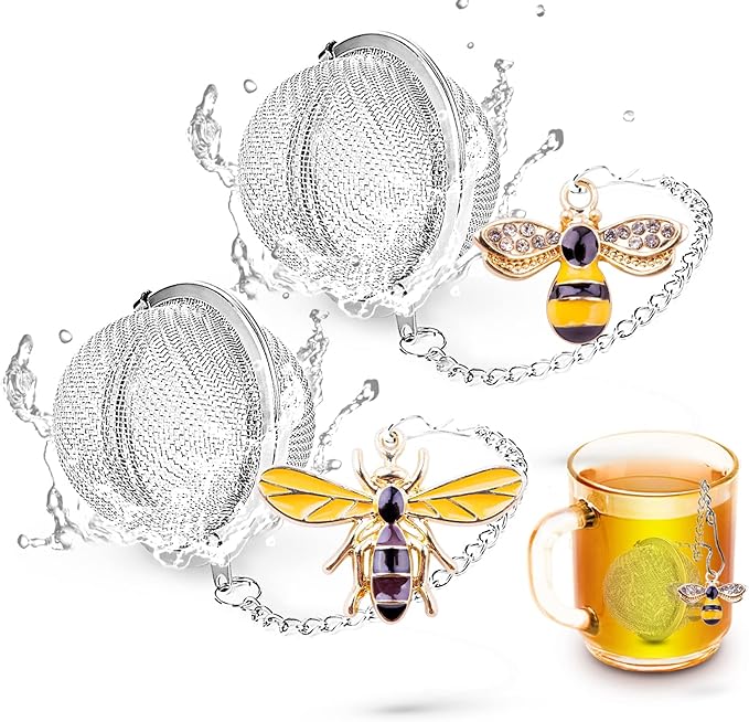 Handmade Tea Ball Infusers - 2pcs, Honey Bee Strainers with Bee Charm Pendant for Loose Leaf Tea
