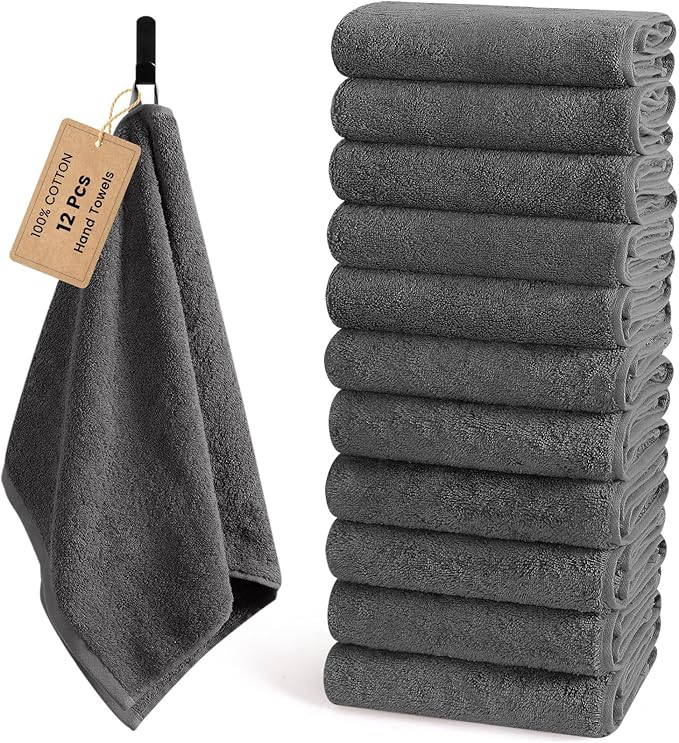 SEMAXE 12 Pack Hand Towels for Bathroom, 100% Cotton Towels with Hanging Loops, Soft and Highly Absorbent, Hand Towel Set for Gym, Shower, Hotel, Spa and Kitchen, Grey