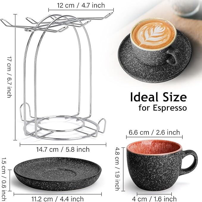 MIAMIO β 2.7 Oz Ceramic Stackable Espresso Cups with Saucers and Metal Stand, Set of 6 Espresso Cup, Demitasse Cups, Coffee Mugs for Espresso, Latte, CafΓ© Mocha & Tea β Las Palmitas Collection