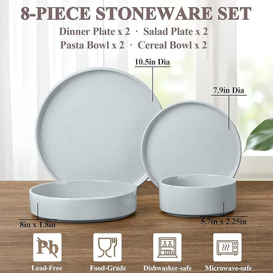 Herogo Stoneware Dinnerware Set with Salad Bowls, 8 Piece Plates and Pasta Cereal Bowls for 2, Kitchen Dinner Dish Set, Dishwasher & Microwave Safe, Speckled Light Gray